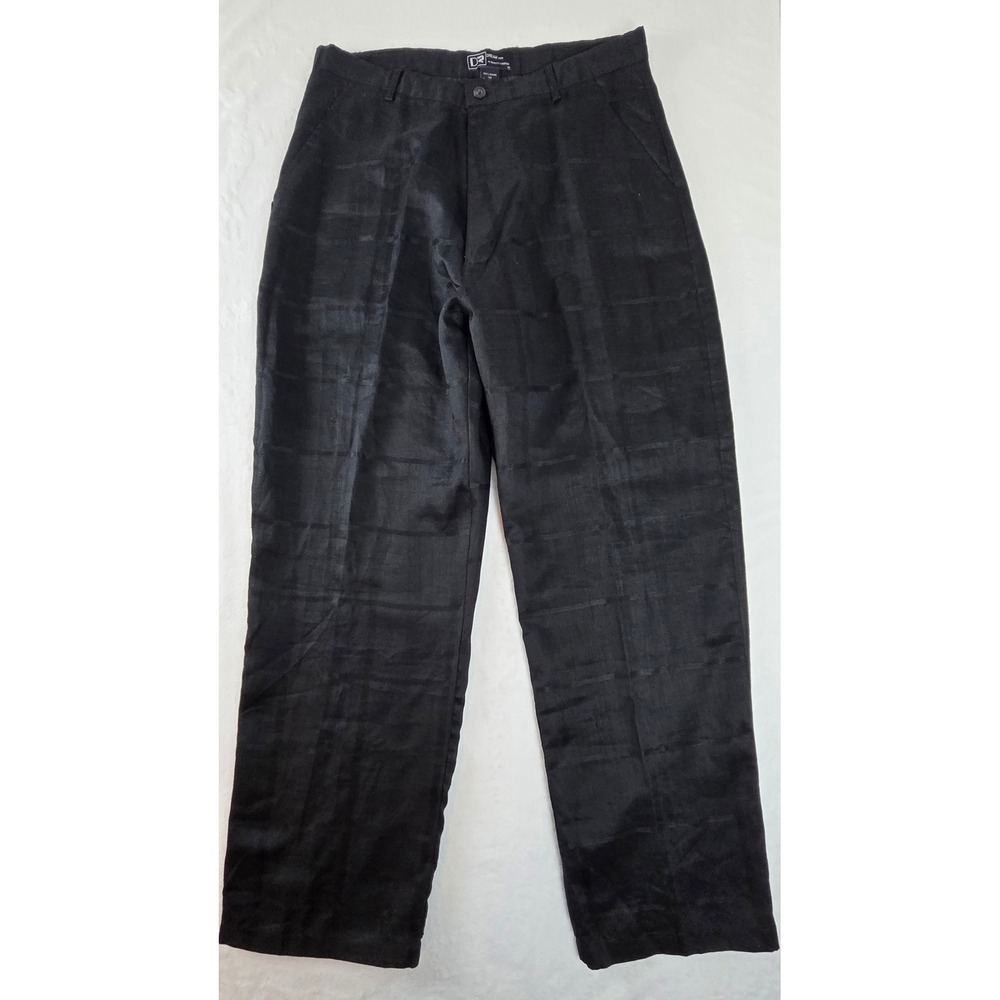 Dream USA Mens 36 Black Ramie Plaid Dress Pants Trousers Flat Front Textured